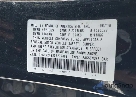 2016 Honda Accord Ex-L из США, поврежденный, VIN 1HGCR2F93GA239469